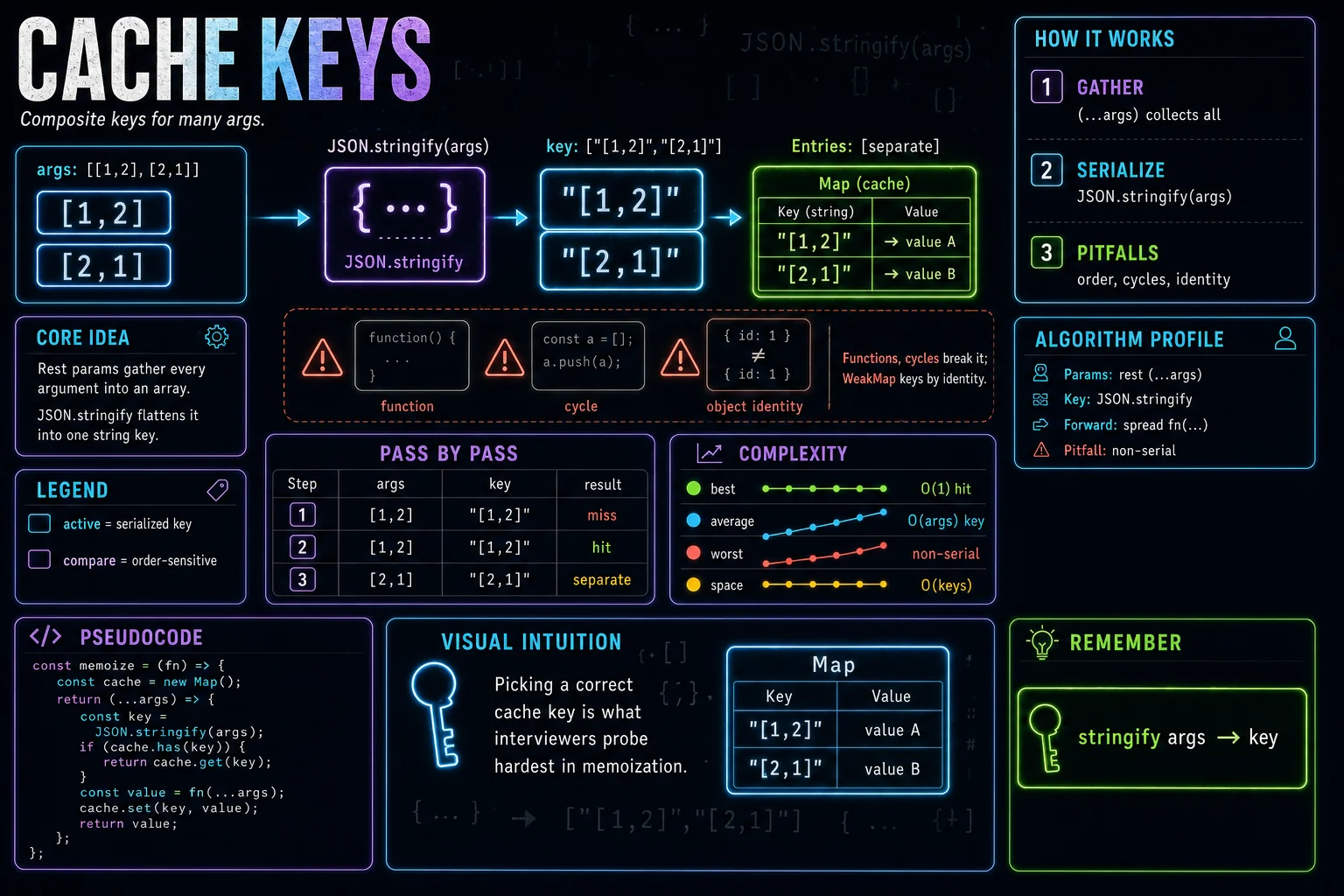 Cache Keys for Many Args infographic showing the concept, key steps, and tradeoffs.