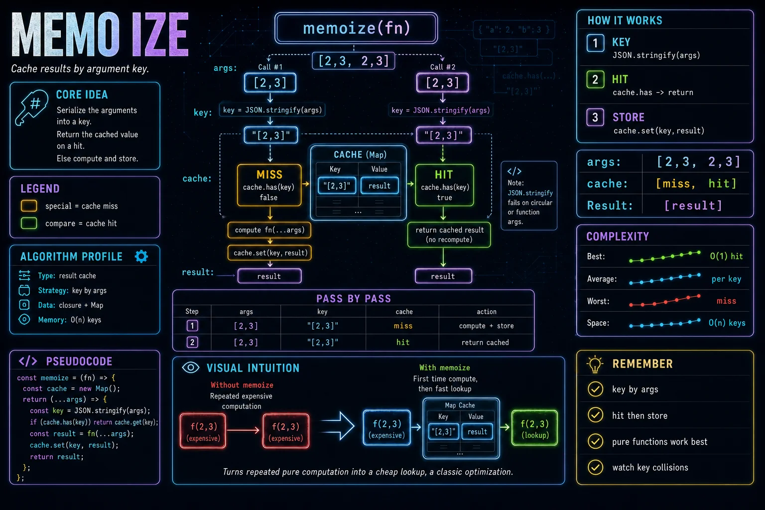 memoize infographic showing the concept, key steps, and tradeoffs.