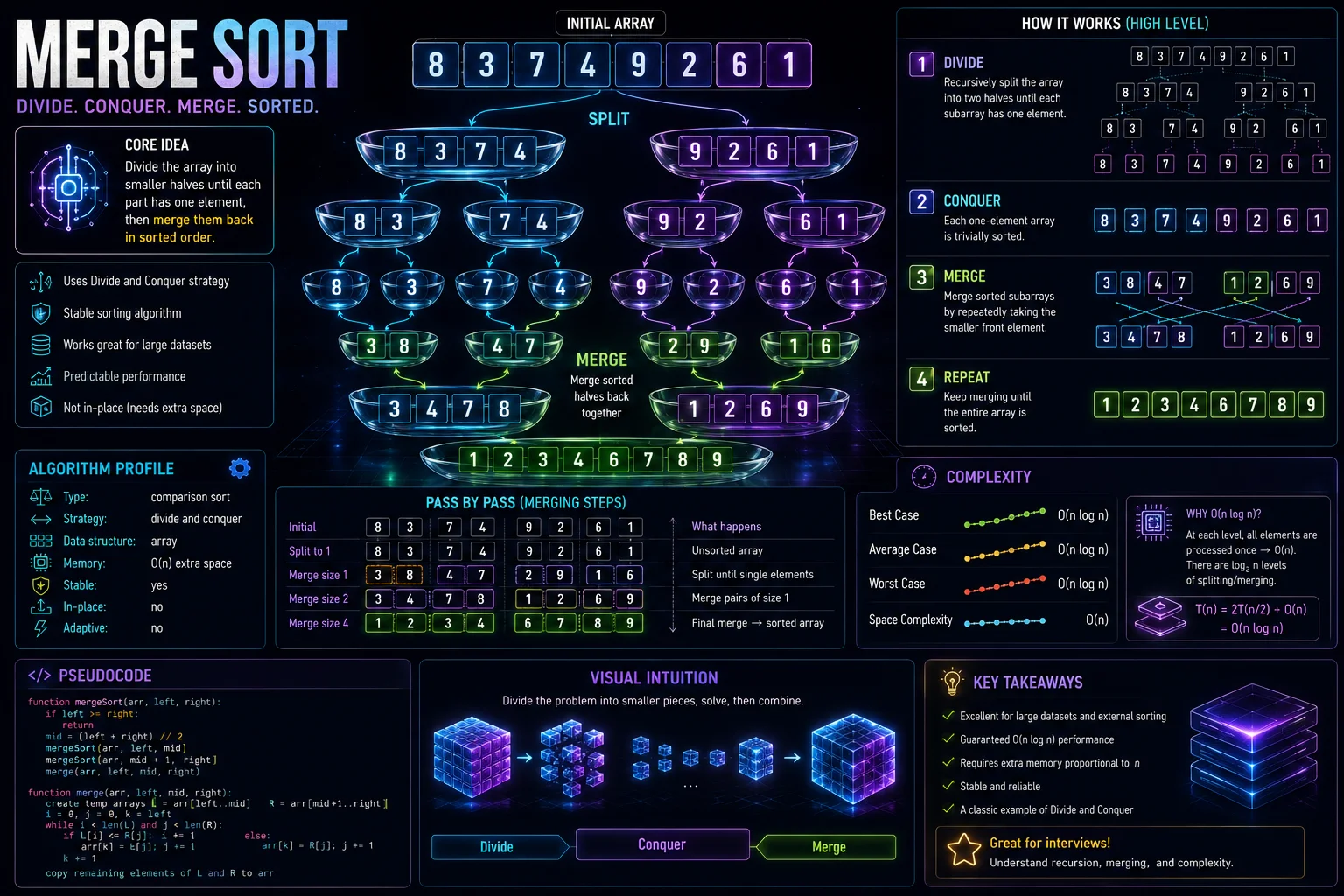 Merge Sort infographic showing divide, conquer, merge steps, complexity, and key takeaways.