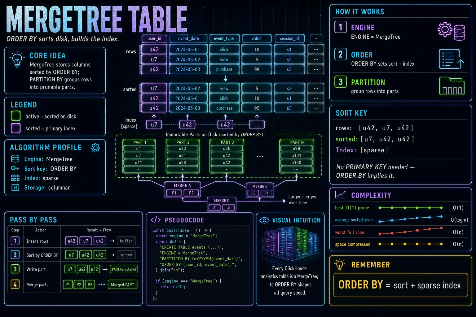 MergeTree Table infographic showing the ClickHouse concept, key steps, and tradeoffs.