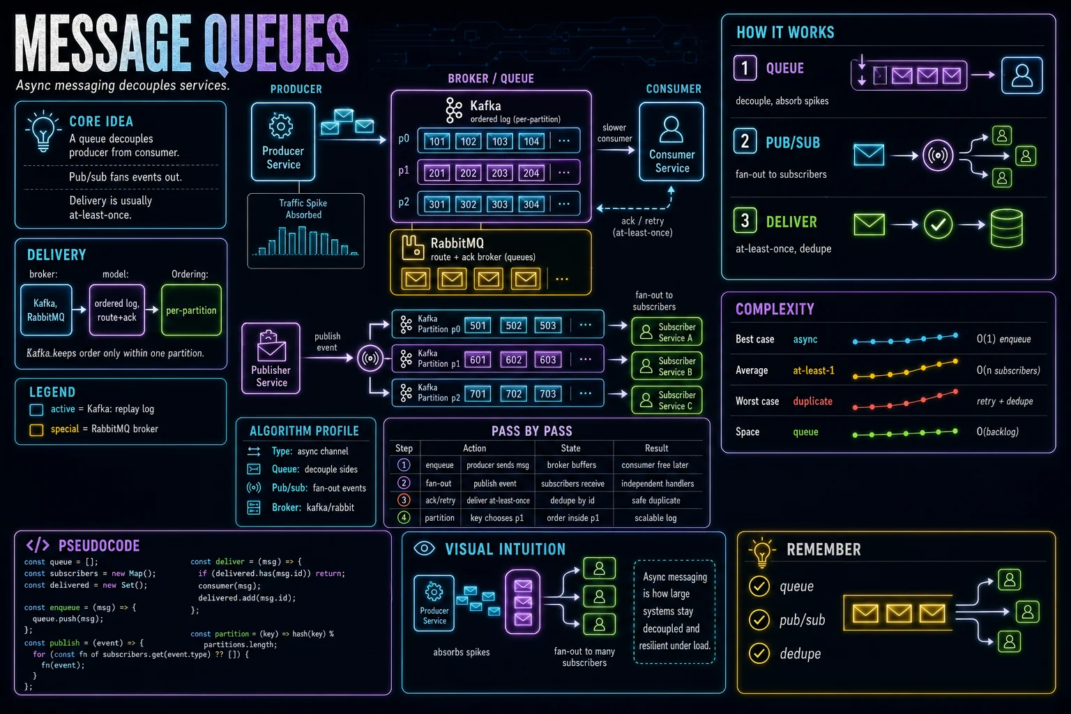 Message Queues & Streaming infographic showing the concept, key steps, and tradeoffs.