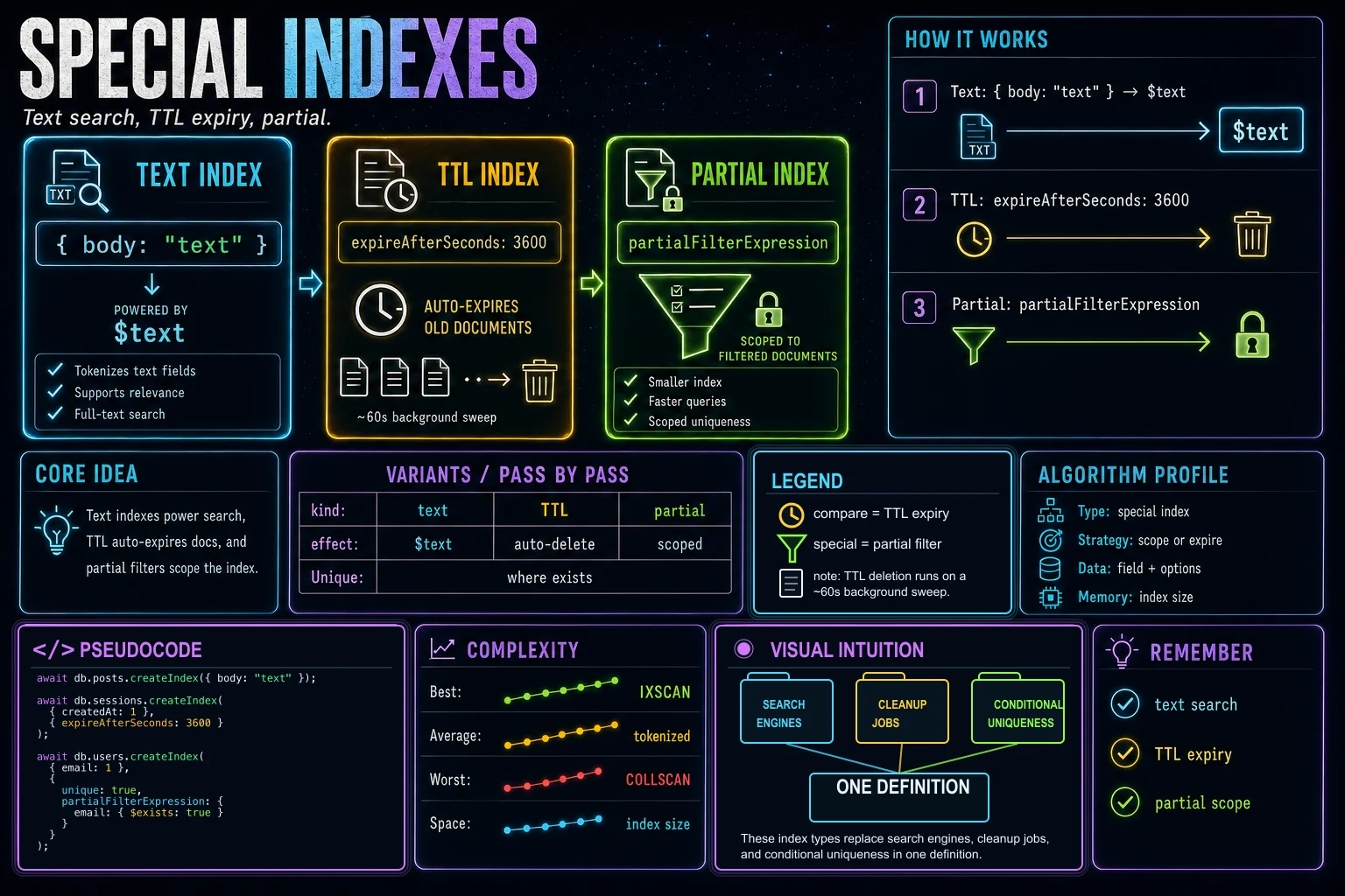 Special Indexes infographic showing the concept, key steps, and tradeoffs.