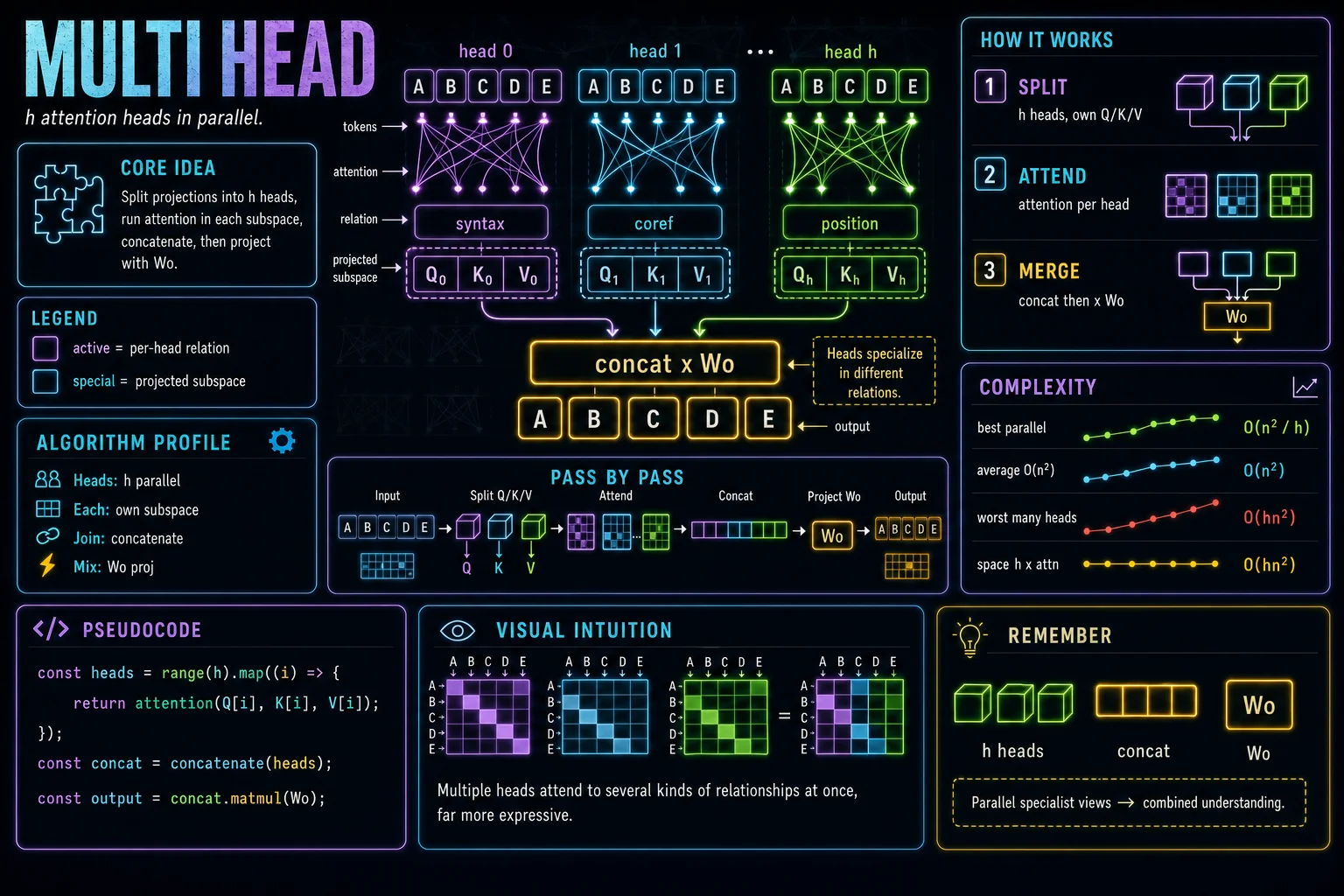Multi-Head Attention infographic showing the concept, key steps, and tradeoffs.