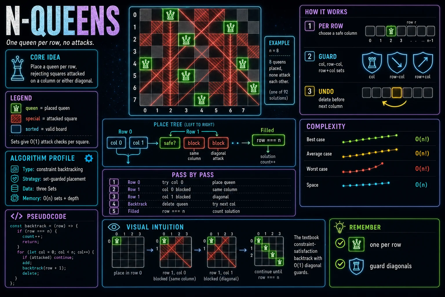 N-Queens infographic showing the choose/explore/undo recursion tree and complexity.