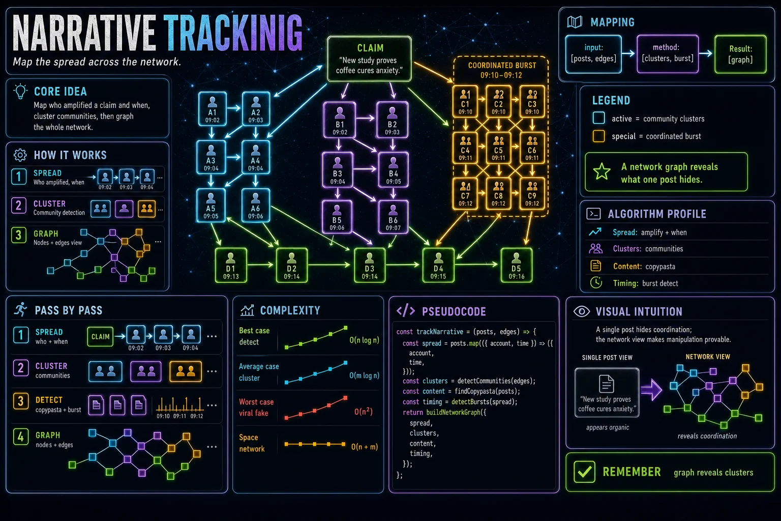 Narrative & Network Mapping infographic showing the concept, key steps, and tradeoffs.
