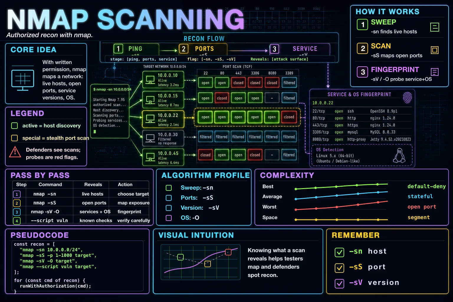 nmap Scanning infographic showing the concept, key steps, and tradeoffs.