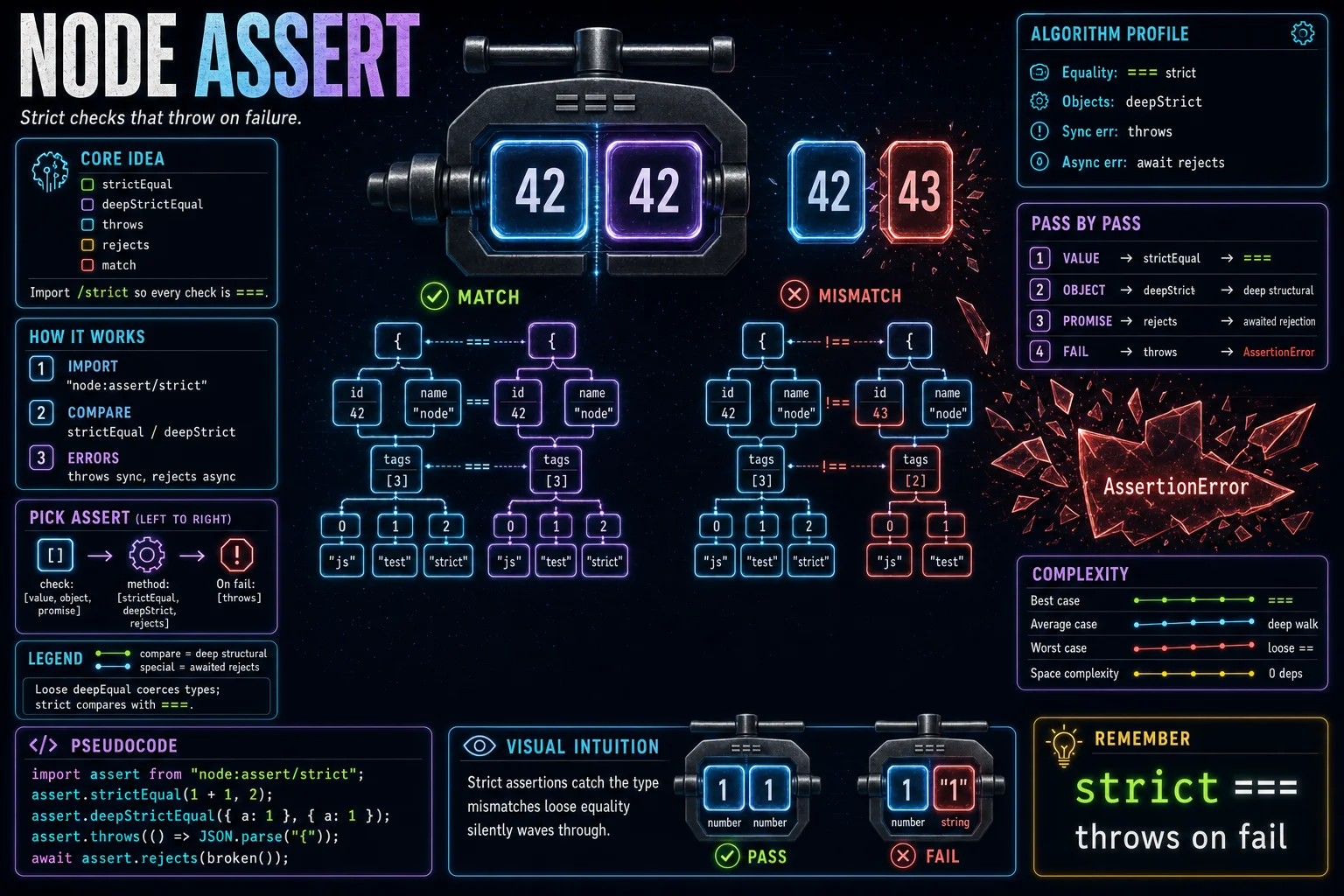 node:assert infographic showing the concept, key steps, and tradeoffs.