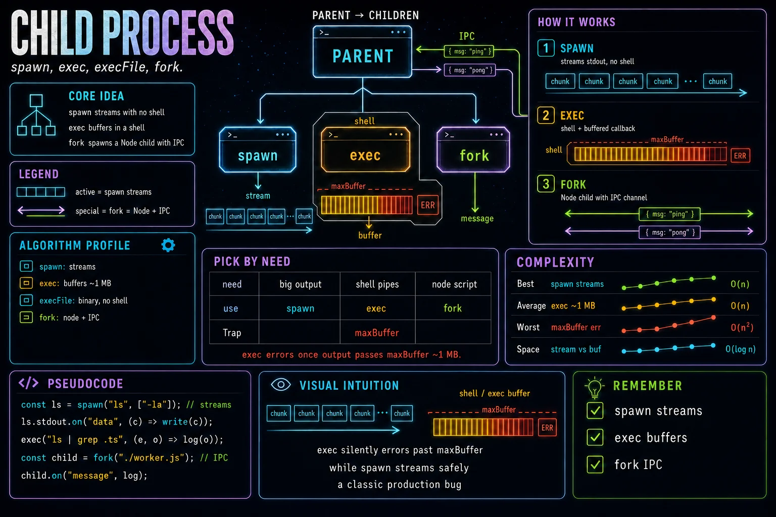 child_process infographic showing the concept, key steps, and tradeoffs.