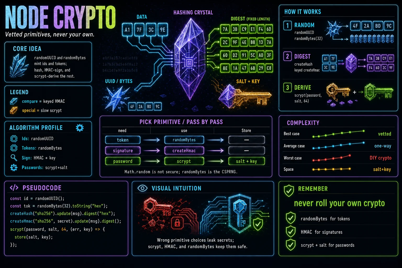 node:crypto infographic showing the concept, key steps, and tradeoffs.