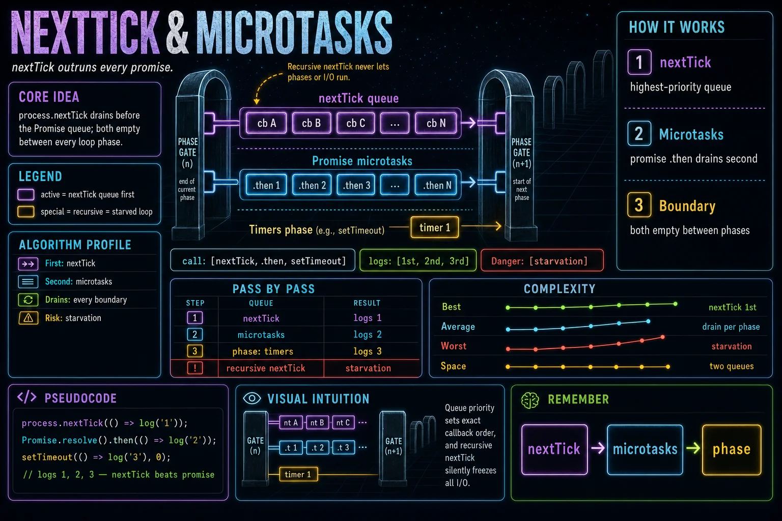 nextTick & Microtasks infographic showing the concept, key steps, and tradeoffs.