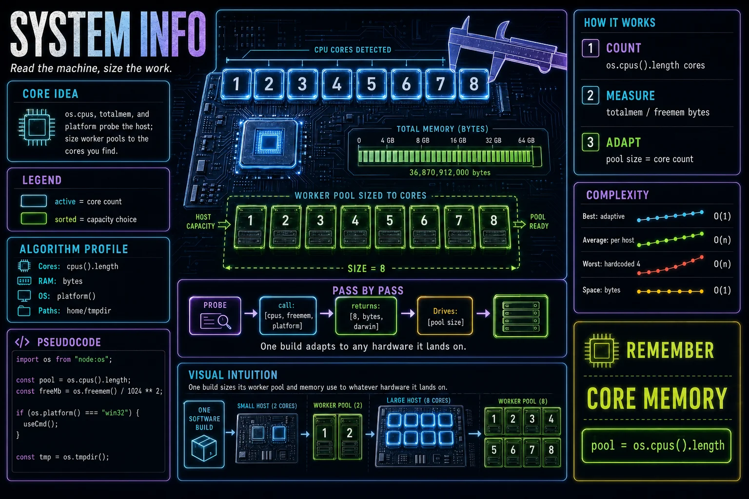 node:os & System Info infographic showing the concept, key steps, and tradeoffs.