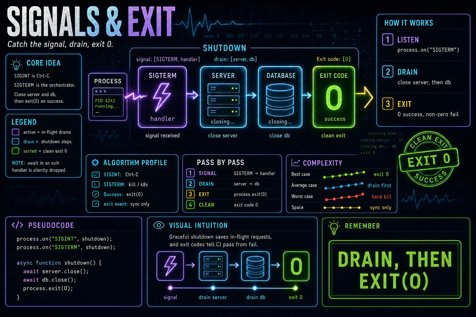 Signals & Exit infographic showing the concept, key steps, and tradeoffs.