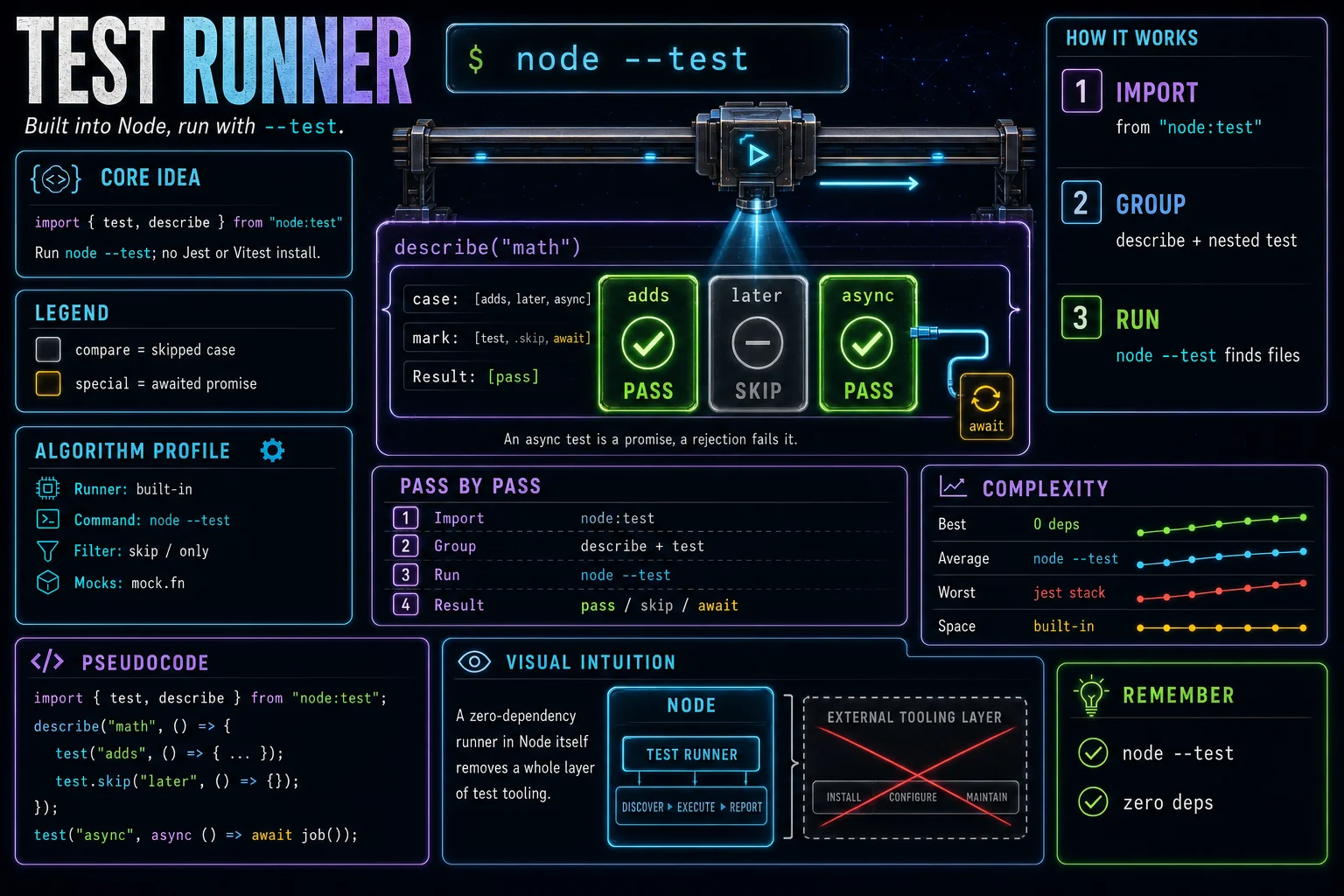 node:test Runner infographic showing the concept, key steps, and tradeoffs.