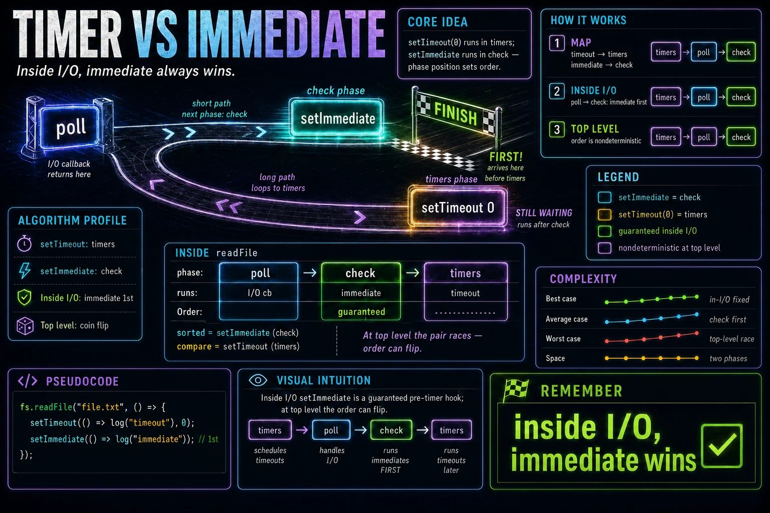 setTimeout vs setImmediate infographic showing the concept, key steps, and tradeoffs.