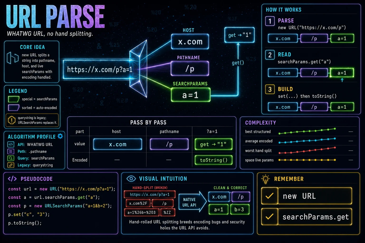 URL & Query Parsing infographic showing the concept, key steps, and tradeoffs.