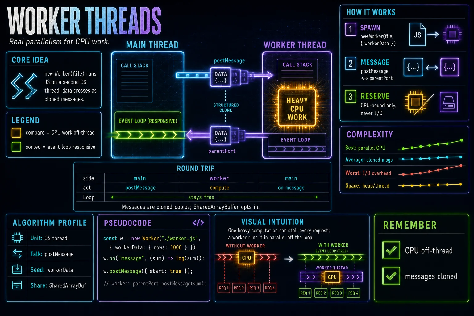 Worker Threads infographic showing the concept, key steps, and tradeoffs.