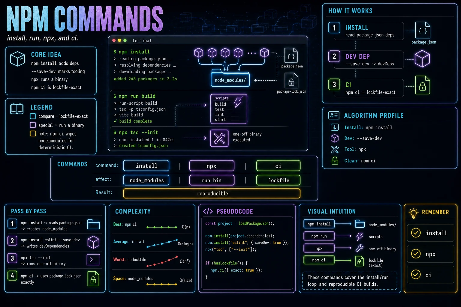 npm commands infographic showing the concept, key steps, and tradeoffs.