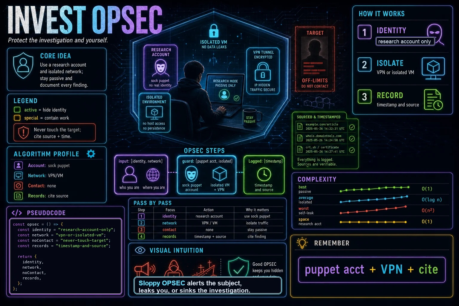 Investigator OPSEC infographic showing the concept, key steps, and tradeoffs.