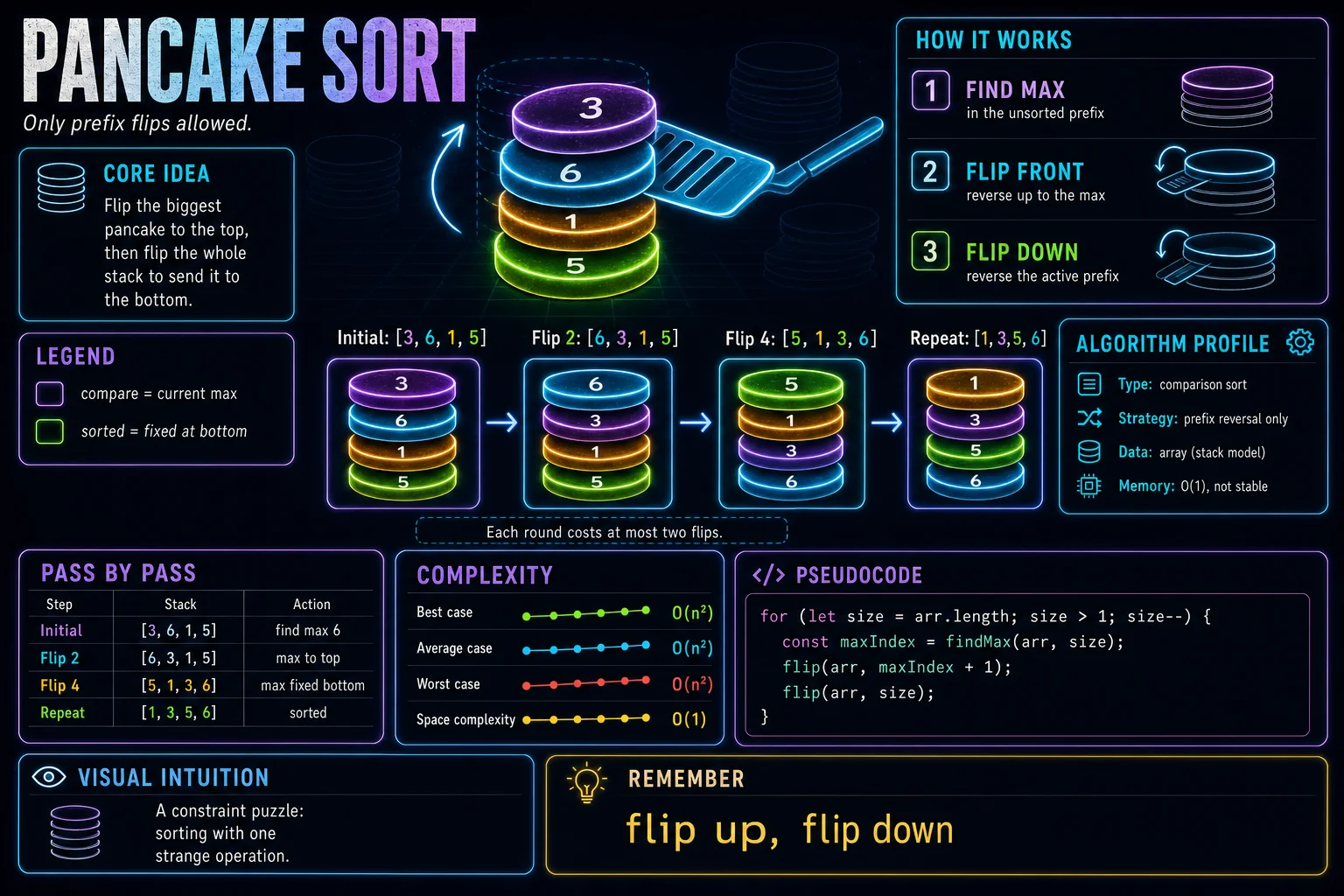 Pancake Sort infographic showing the main sorting idea, key operations, and complexity tradeoffs.