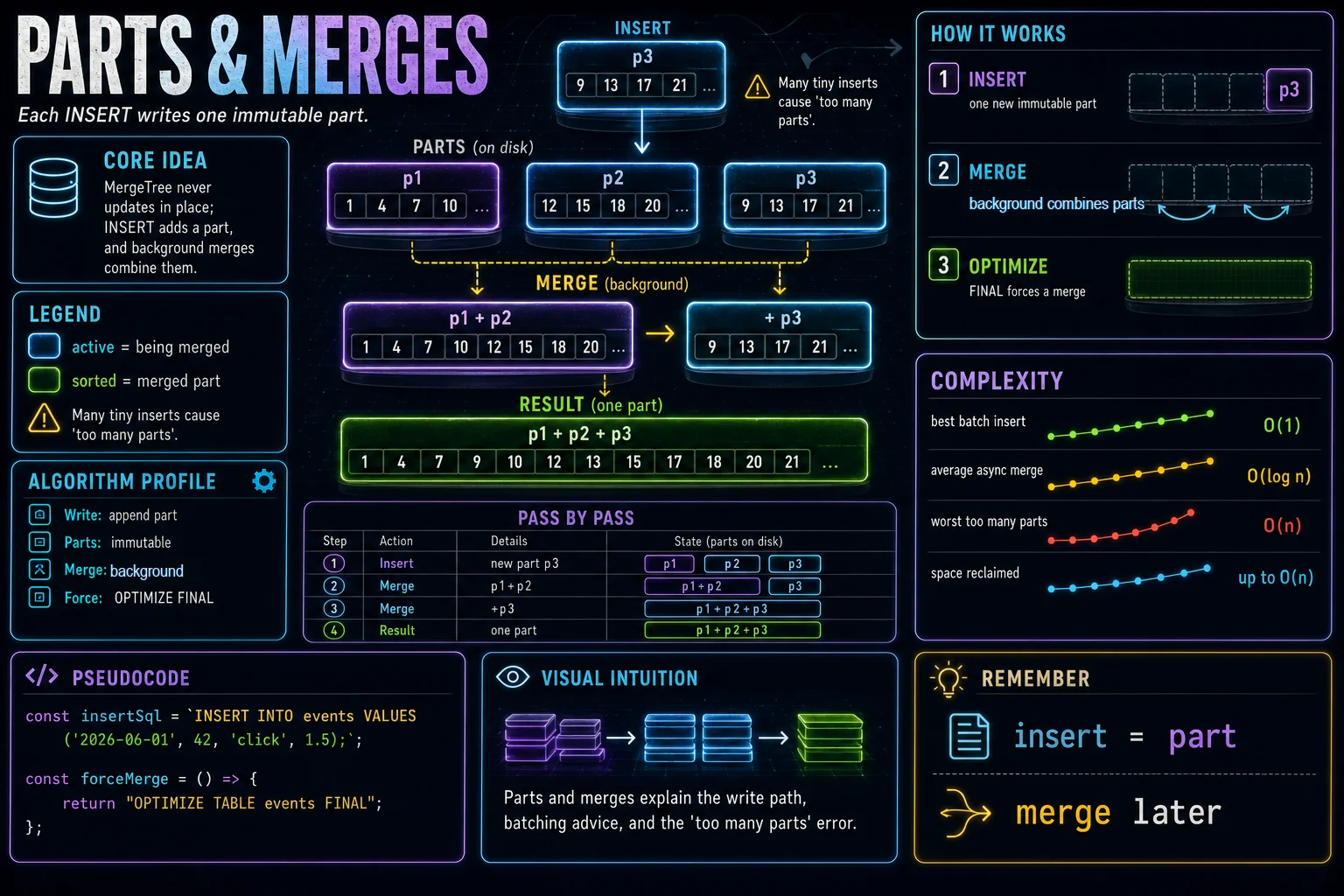 Parts & Merges infographic showing the ClickHouse concept, key steps, and tradeoffs.