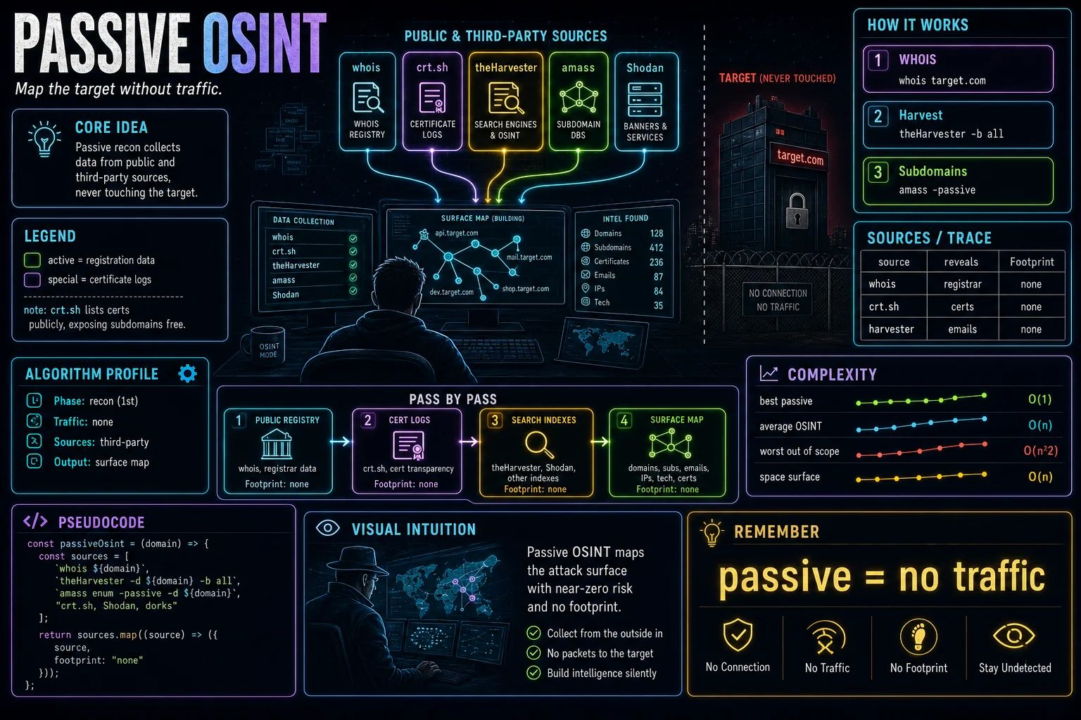 Passive OSINT infographic showing the concept, key steps, and tradeoffs.