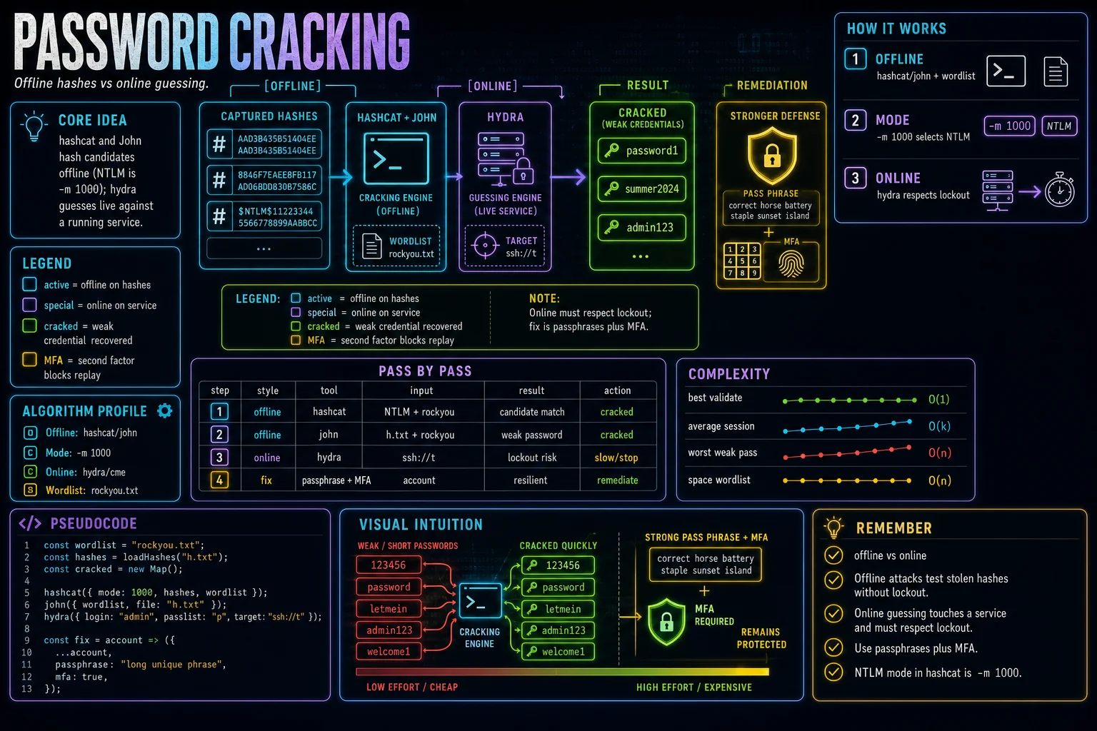 Password Cracking infographic showing the concept, key steps, and tradeoffs.