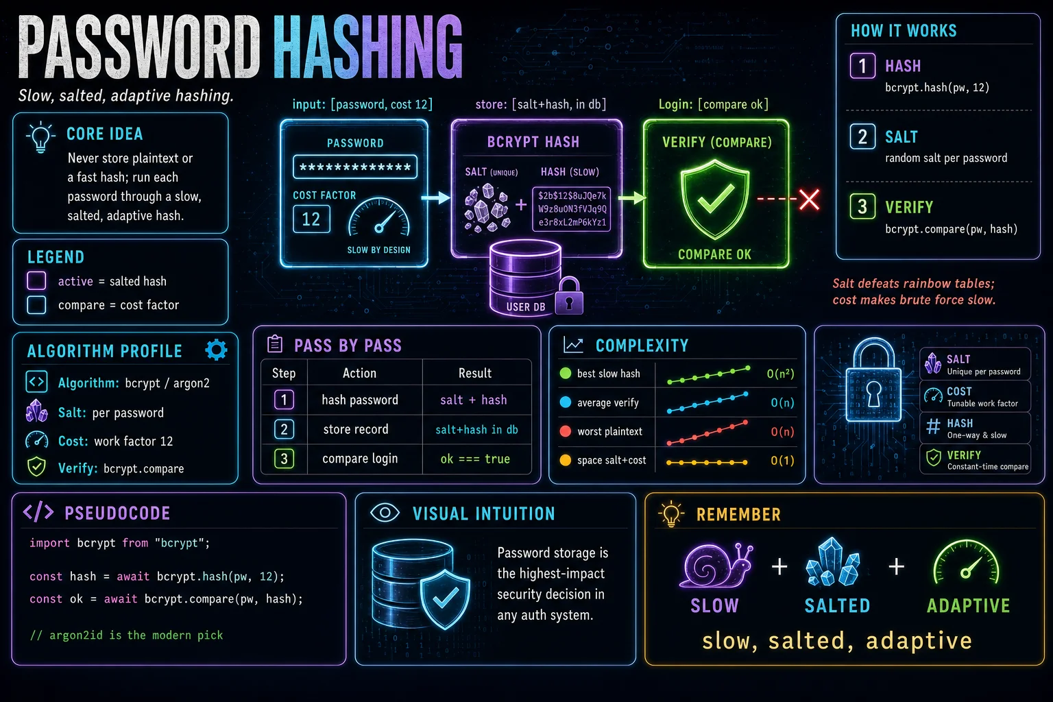 Password Hashing infographic showing the concept, key steps, and tradeoffs.