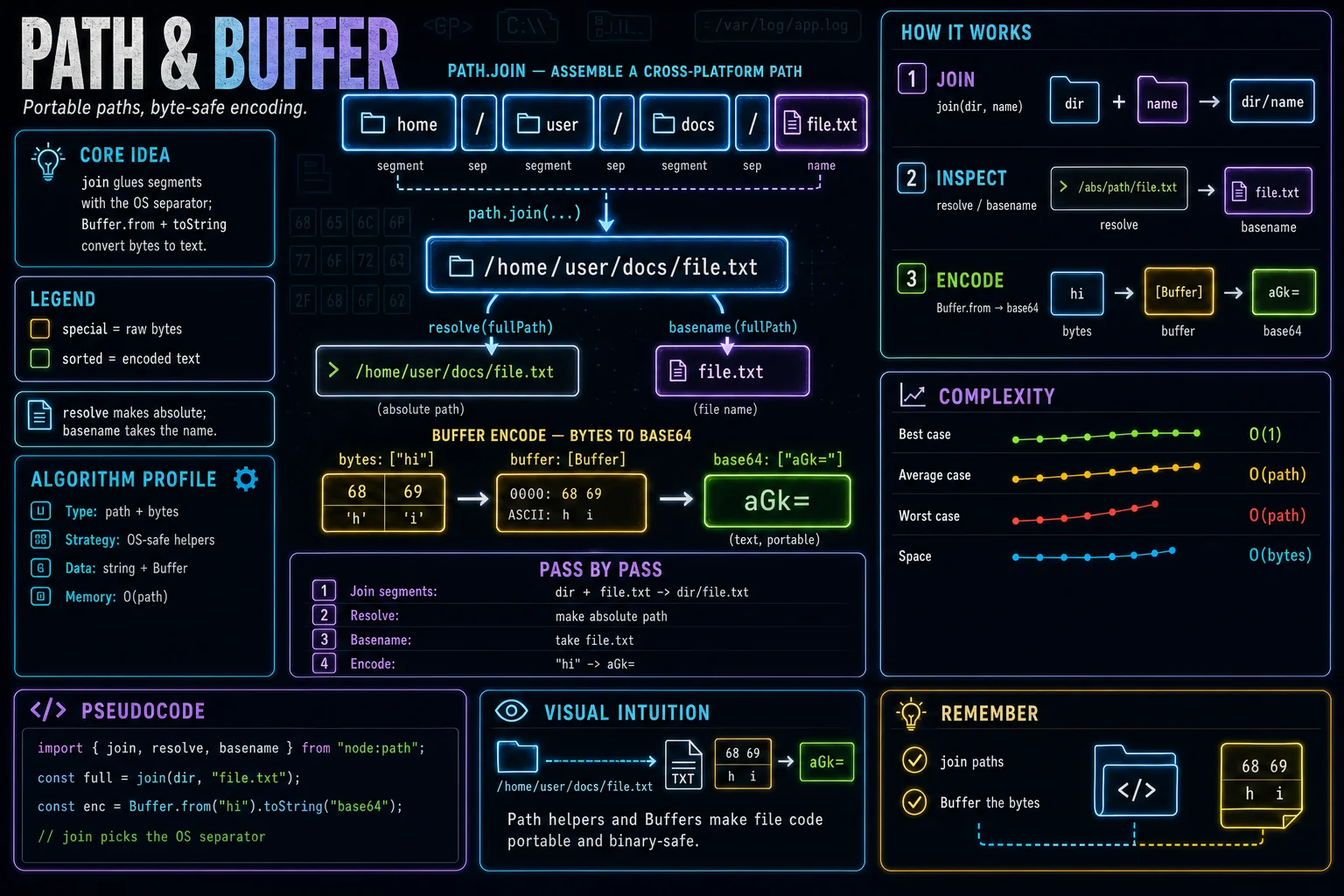 path & Buffer infographic showing the concept, key steps, and tradeoffs.