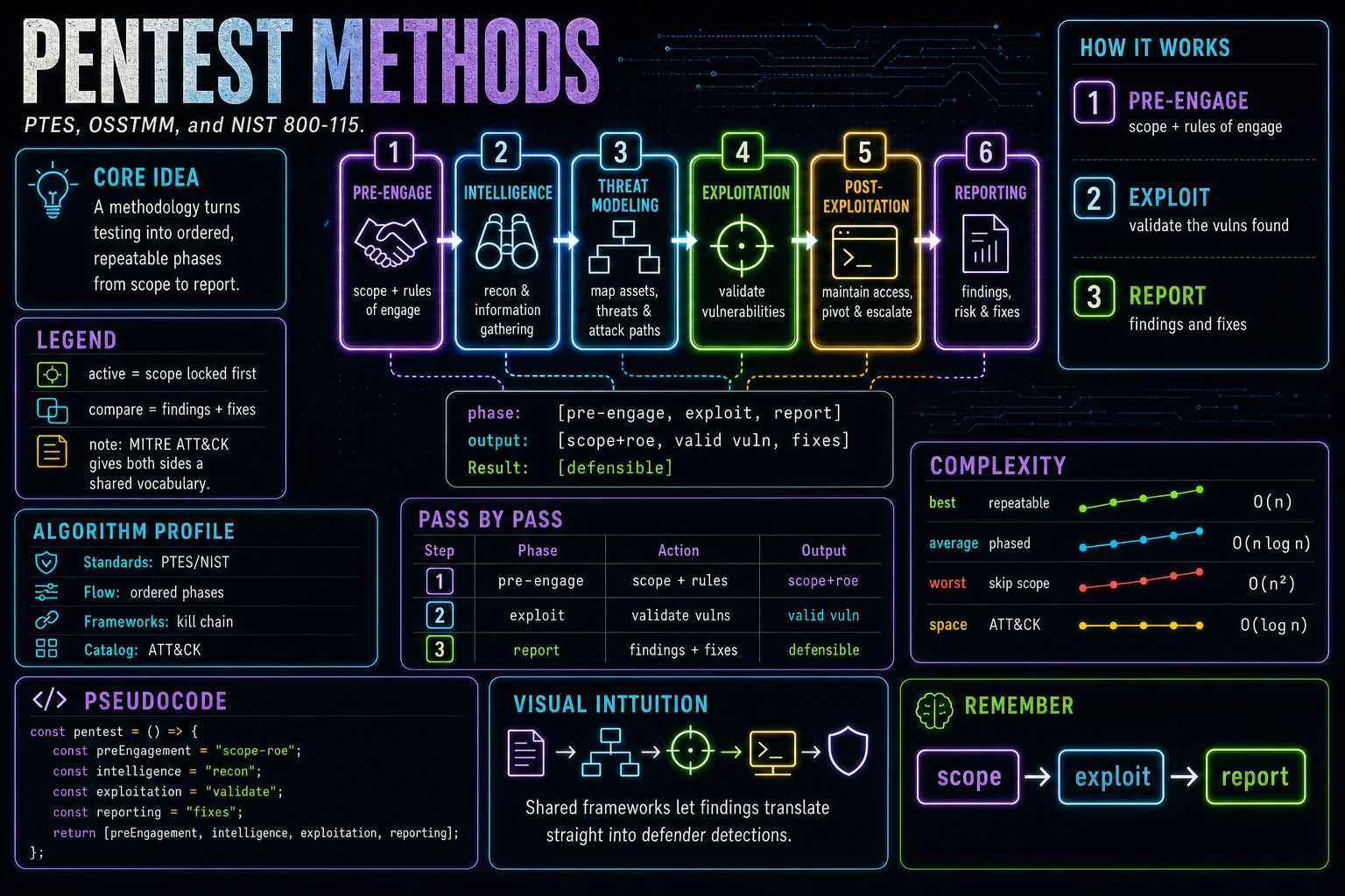 Methodologies (PTES, NIST) infographic showing the concept, key steps, and tradeoffs.