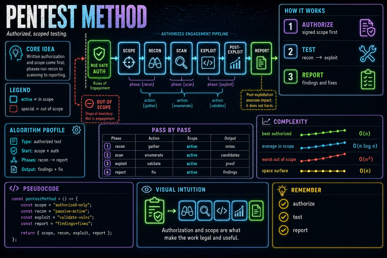 Pentest Methodology infographic showing the concept, key steps, and tradeoffs.