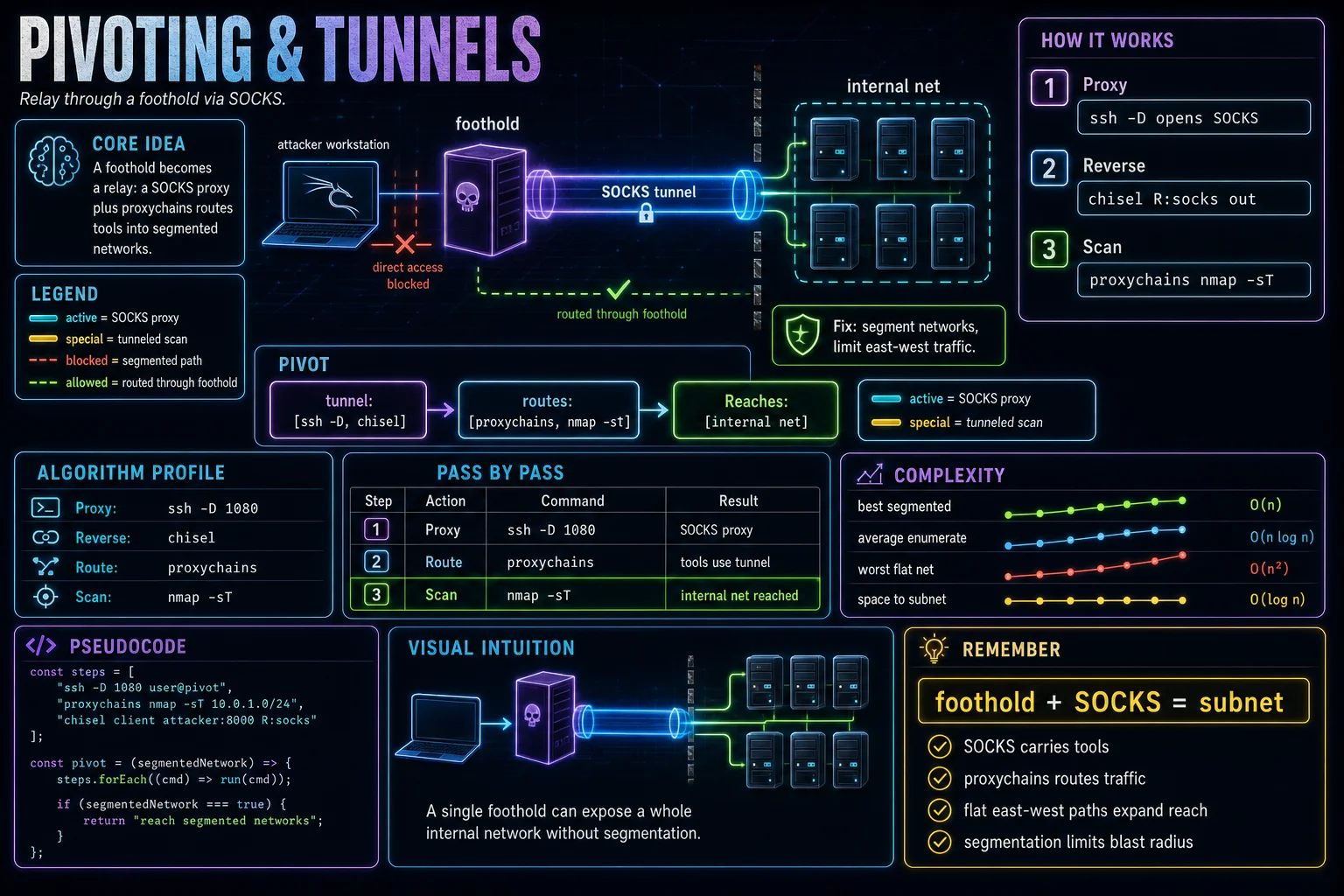 Pivoting & Tunneling infographic showing the concept, key steps, and tradeoffs.