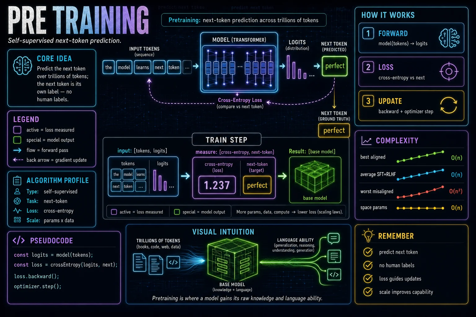 Pretraining infographic showing the concept, key steps, and tradeoffs.