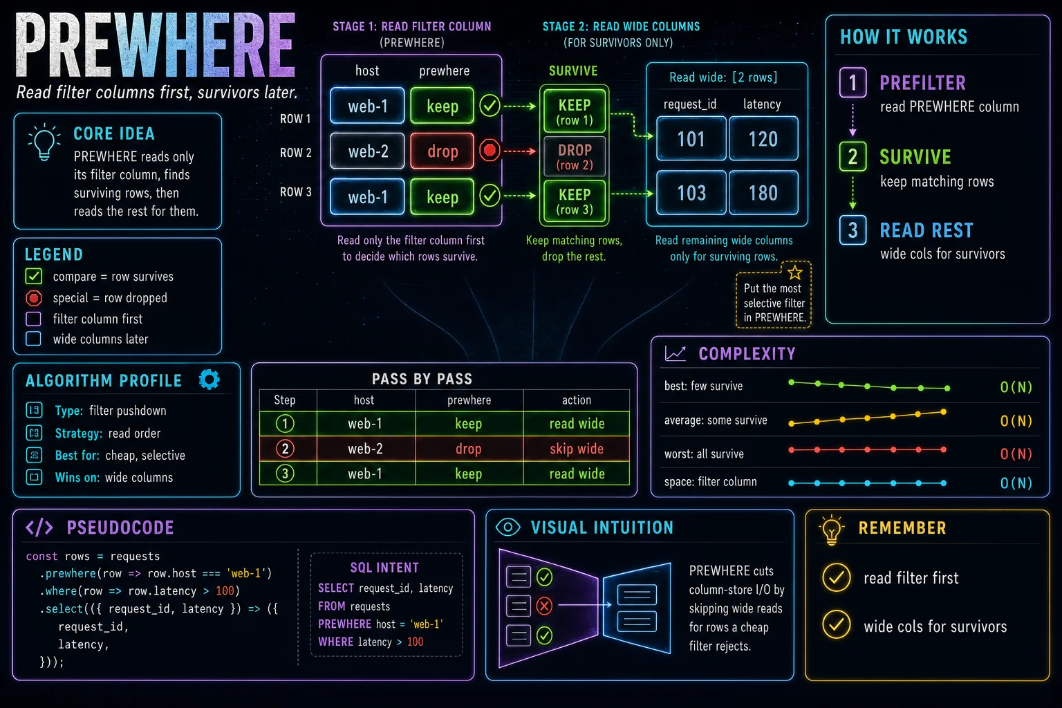 PREWHERE infographic showing the ClickHouse concept, key steps, and tradeoffs.