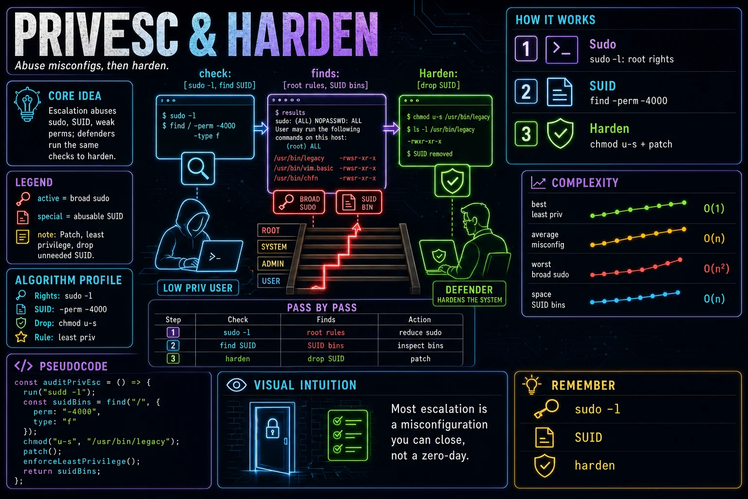 Privilege Escalation & Hardening infographic showing the concept, key steps, and tradeoffs.