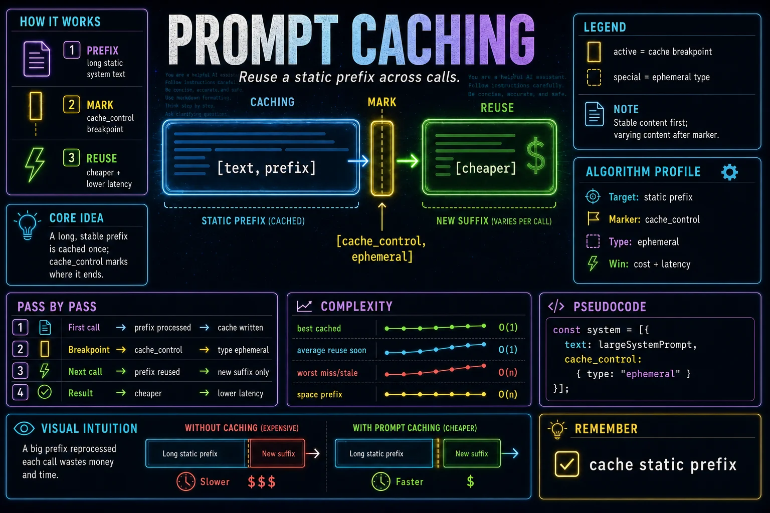 Prompt Caching infographic showing the concept, key steps, and tradeoffs.