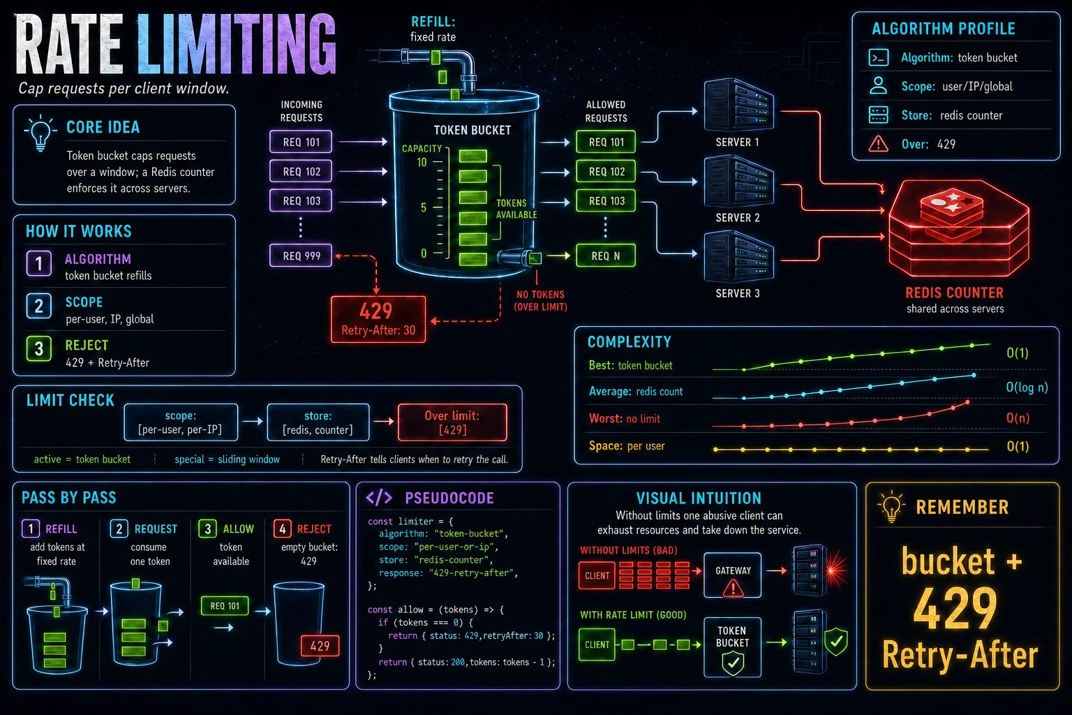 Rate Limiting infographic showing the concept, key steps, and tradeoffs.