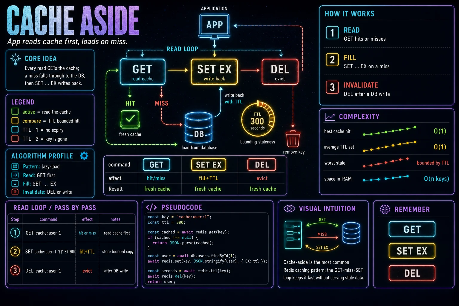 Cache-Aside infographic showing the concept, key steps, and tradeoffs.
