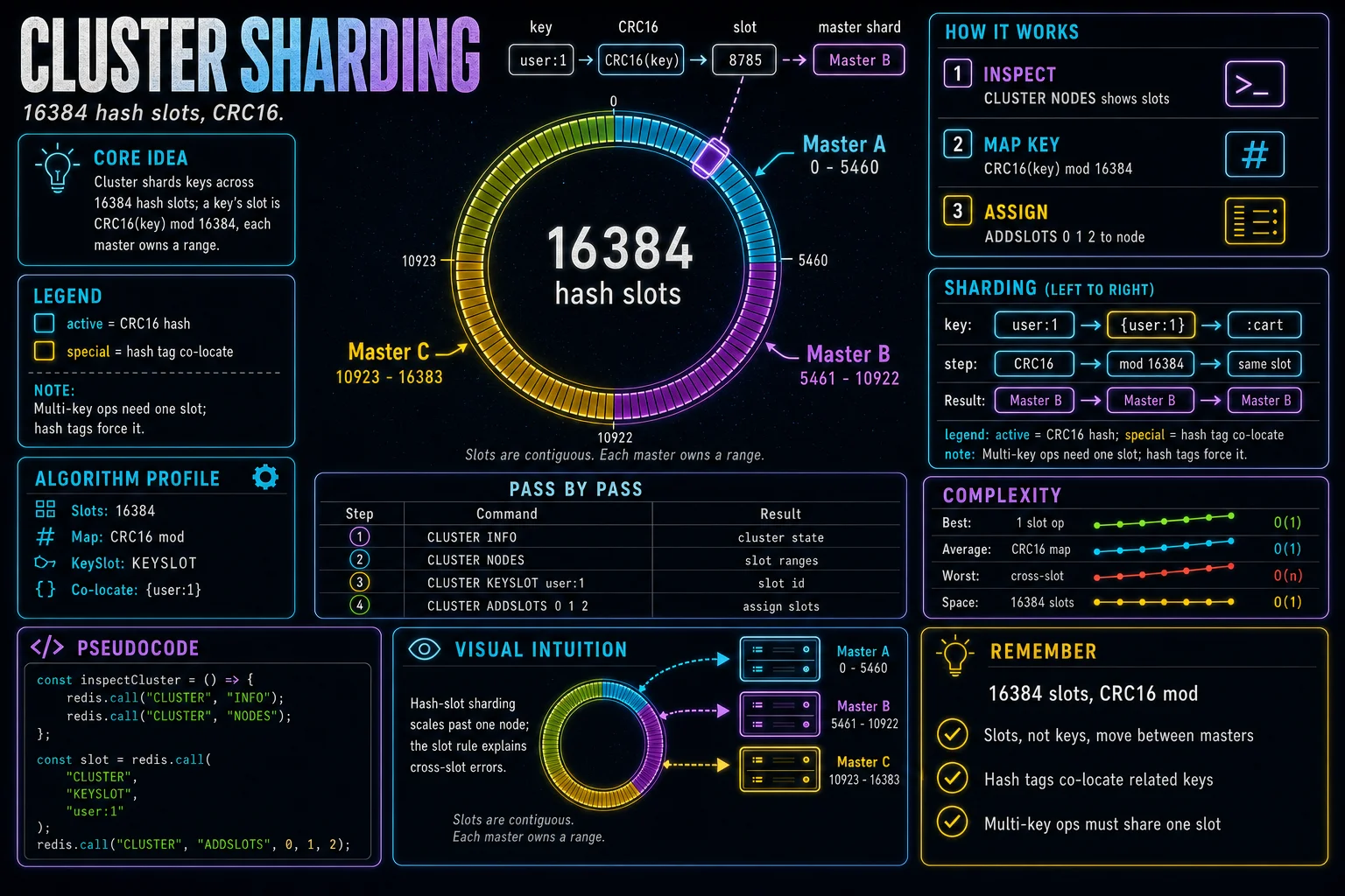Cluster & Sharding infographic showing the concept, key steps, and tradeoffs.