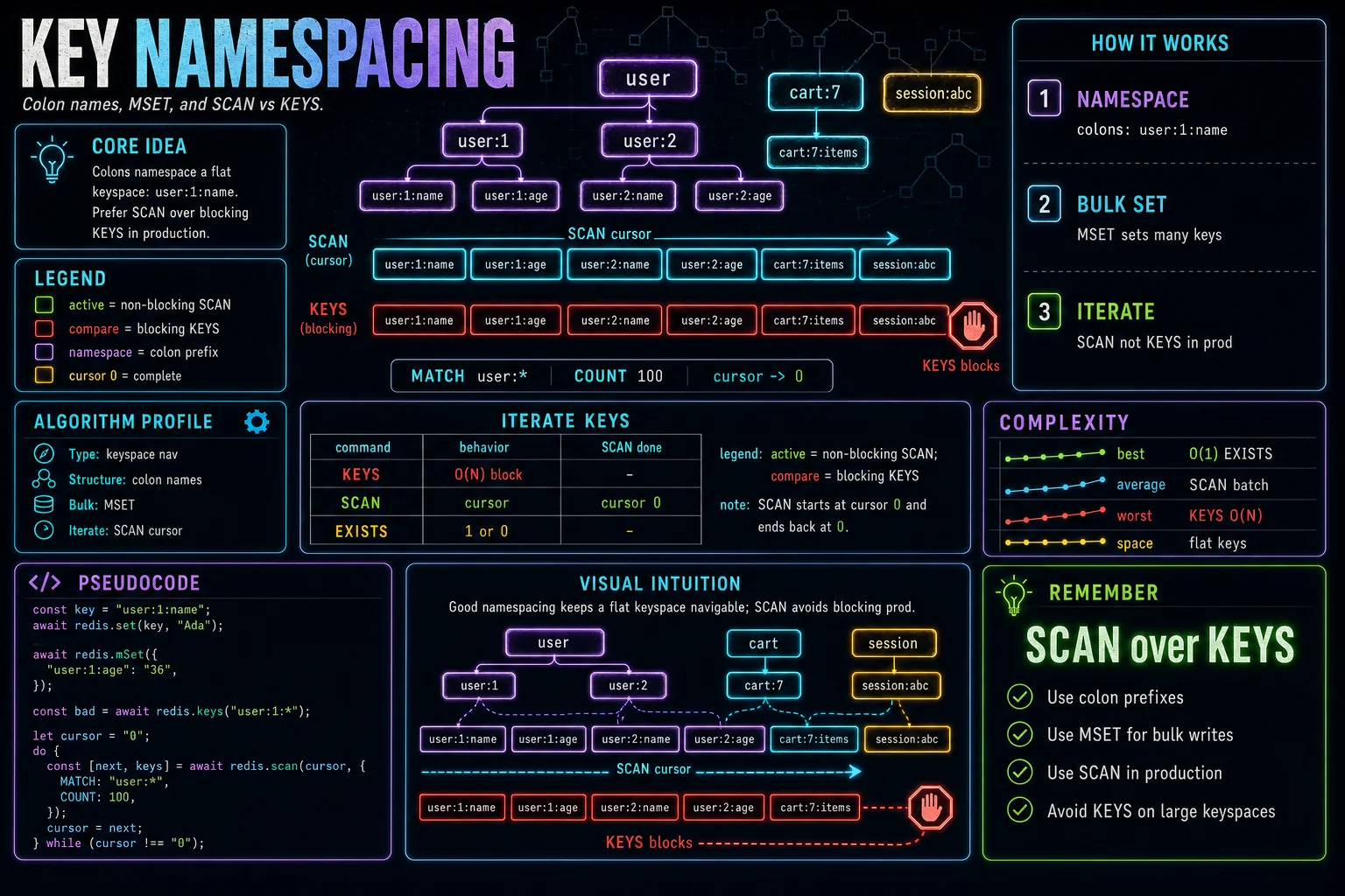 Key Namespacing infographic showing the concept, key steps, and tradeoffs.