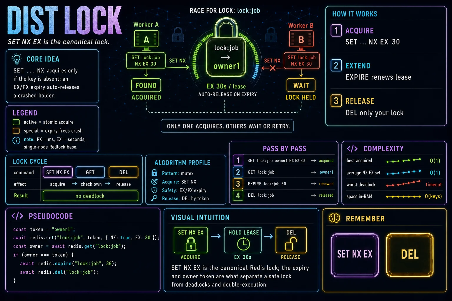 Distributed Locks infographic showing the concept, key steps, and tradeoffs.