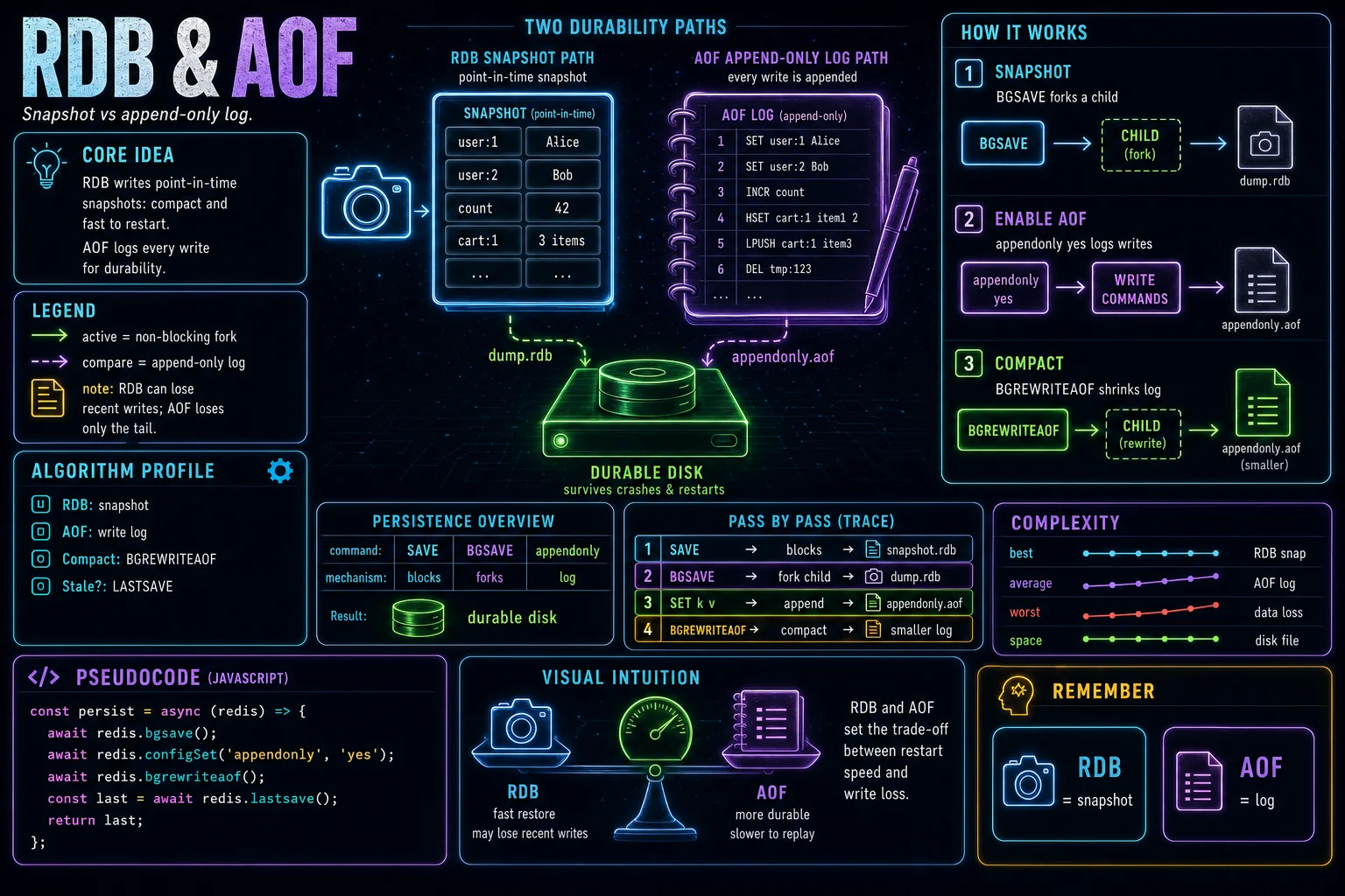 RDB & AOF infographic showing the concept, key steps, and tradeoffs.