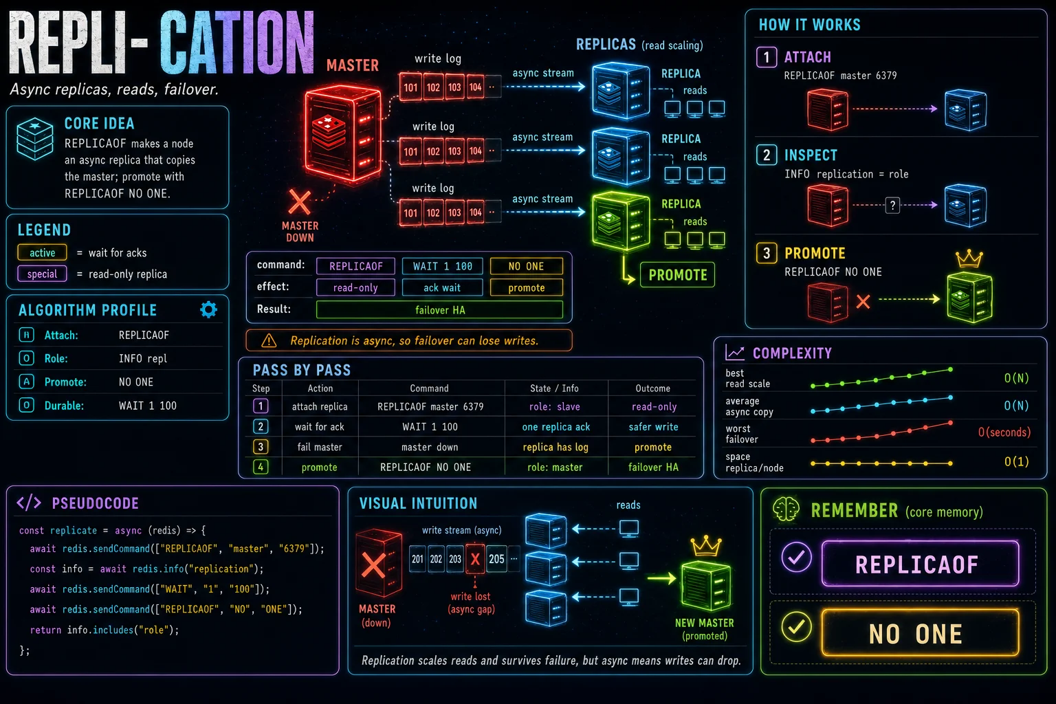 Replication infographic showing the concept, key steps, and tradeoffs.