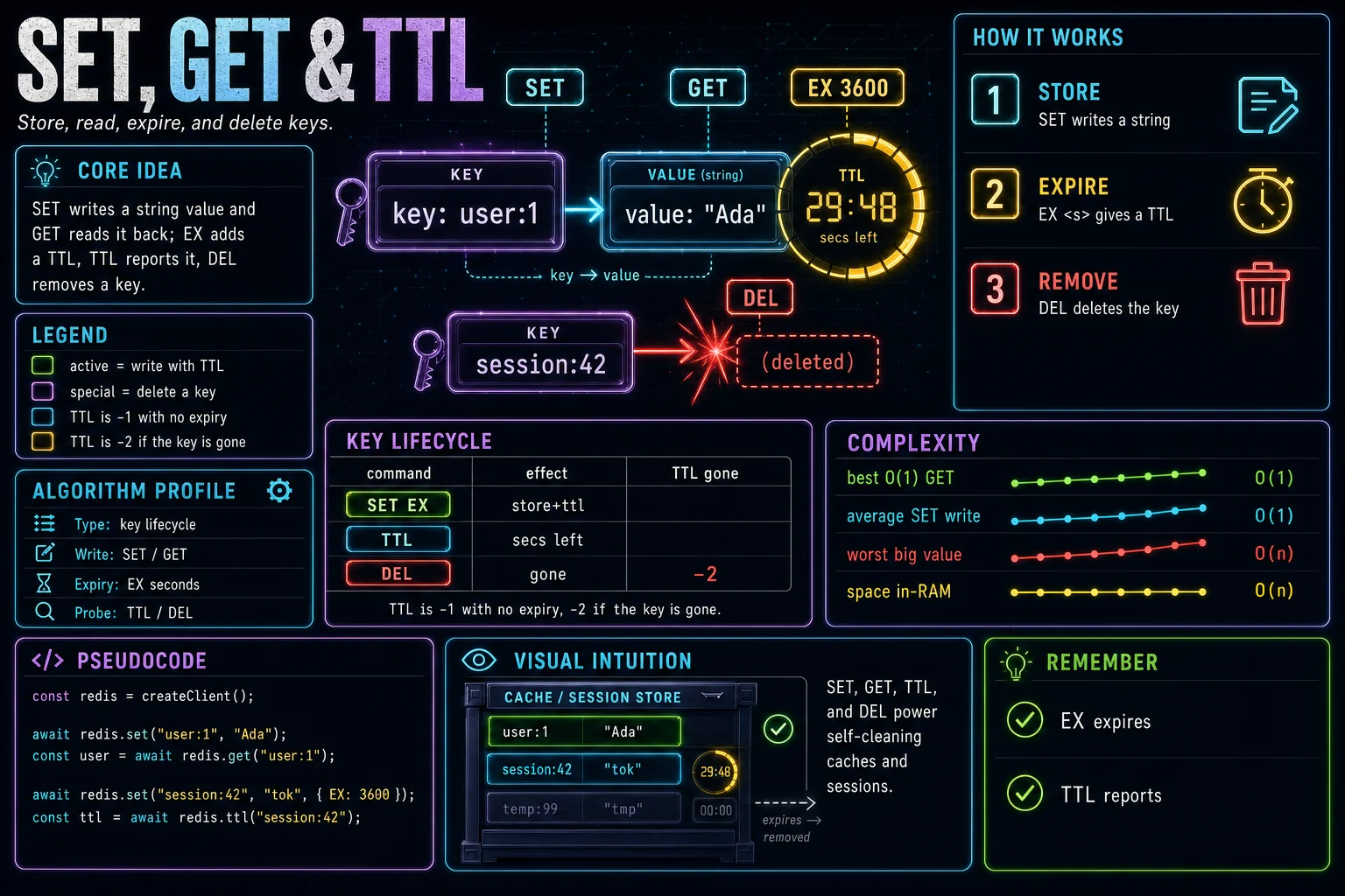 SET, GET & TTL infographic showing the concept, key steps, and tradeoffs.