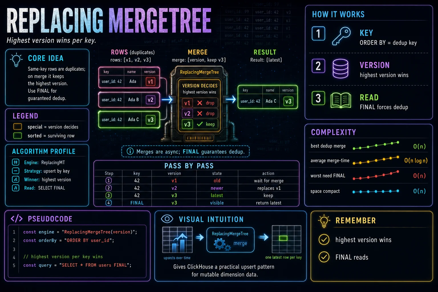 ReplacingMergeTree infographic showing the ClickHouse concept, key steps, and tradeoffs.