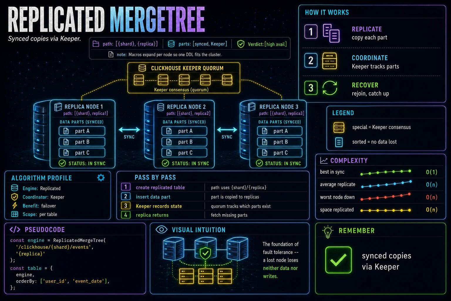 ReplicatedMergeTree infographic showing the ClickHouse concept, key steps, and tradeoffs.