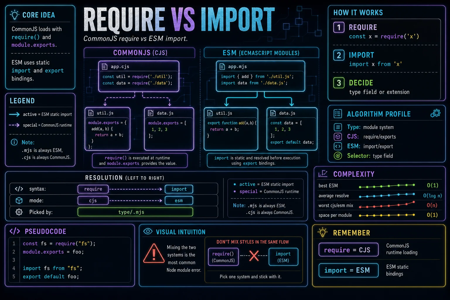CommonJS vs ESM infographic showing the concept, key steps, and tradeoffs.