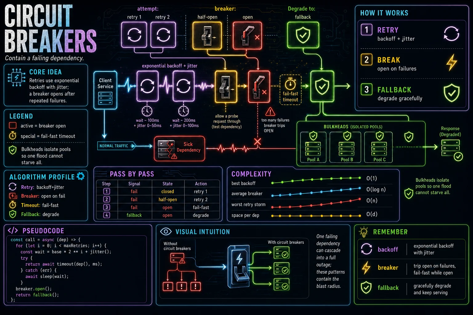 Circuit Breakers & Retries infographic showing the concept, key steps, and tradeoffs.