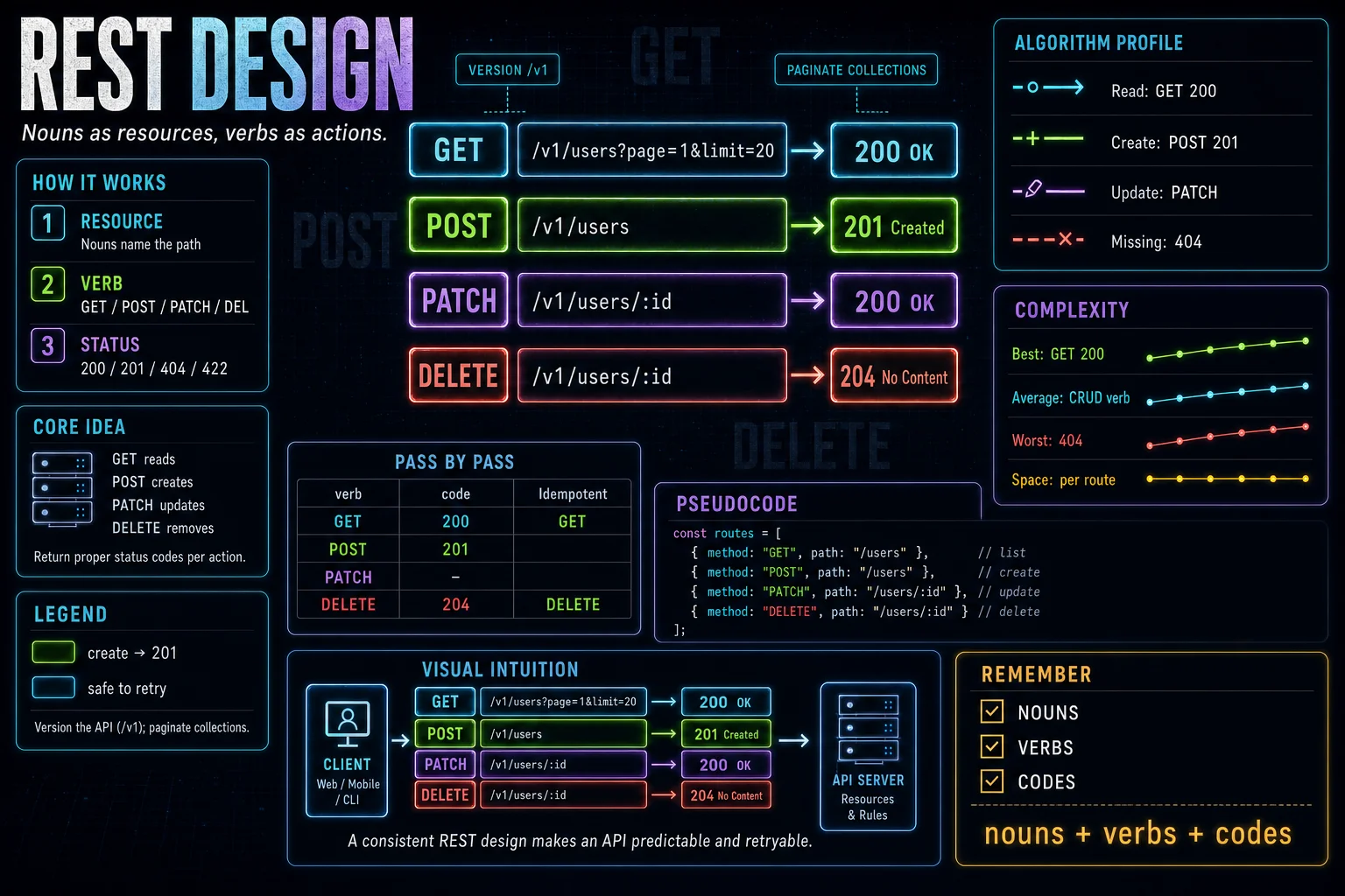 REST API Design infographic showing the concept, key steps, and tradeoffs.