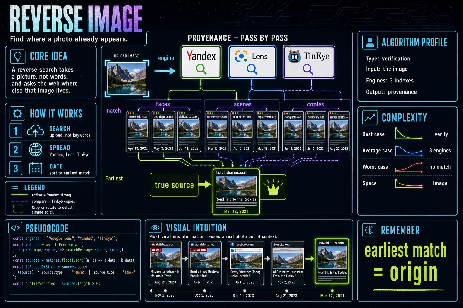 Reverse Image Search infographic showing the concept, key steps, and tradeoffs.